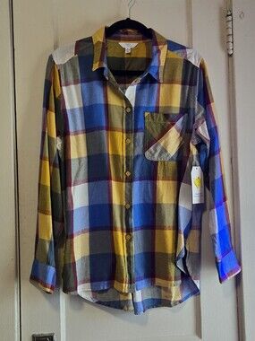 Time And Tru Womens Plaid Button-Up Shirt - Yellow & Blue